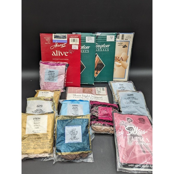 Lot of 15 New in Package Vintage Pantyhose Size Medium and B - Silkies, Hanes +
